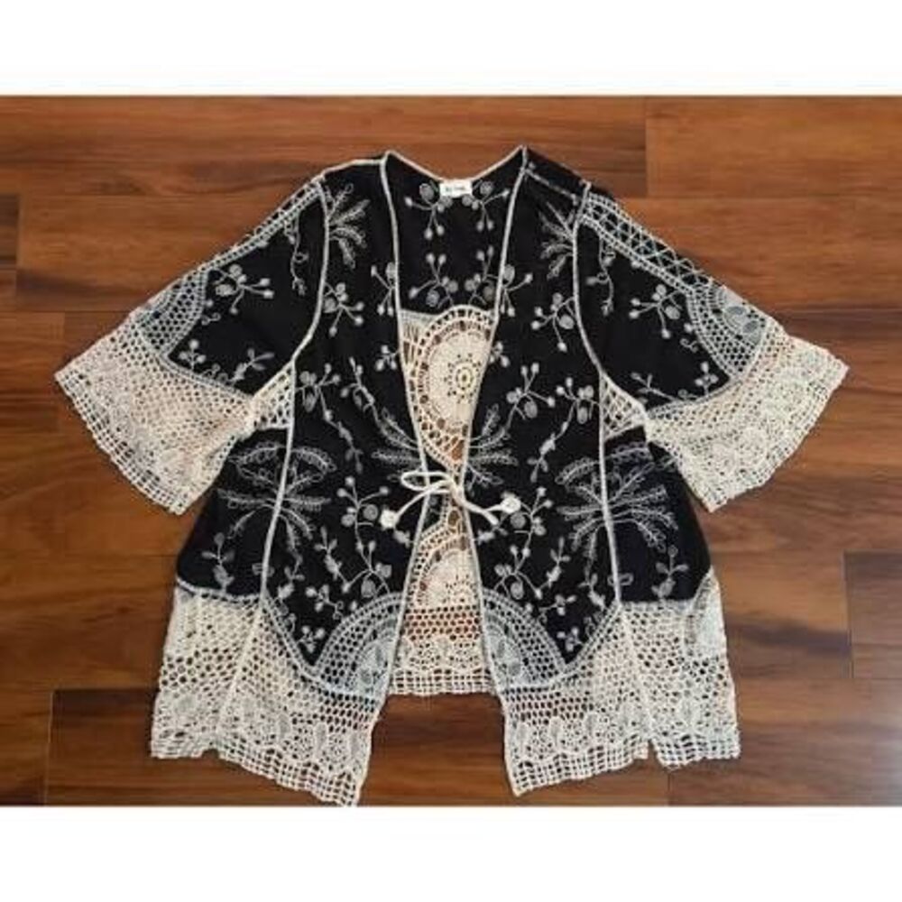 Anthropologie X Kindred Sz 2X Embroidered Kimono Coverup Black Whiteb